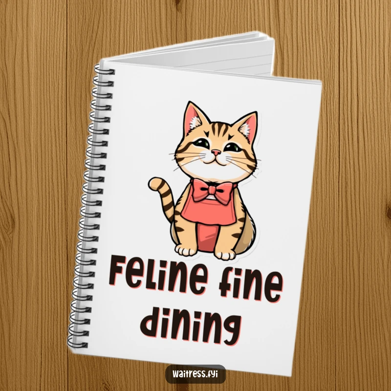 Funny cat waiter notebook with a cat wearing a bowtie and apron, looking dapper.