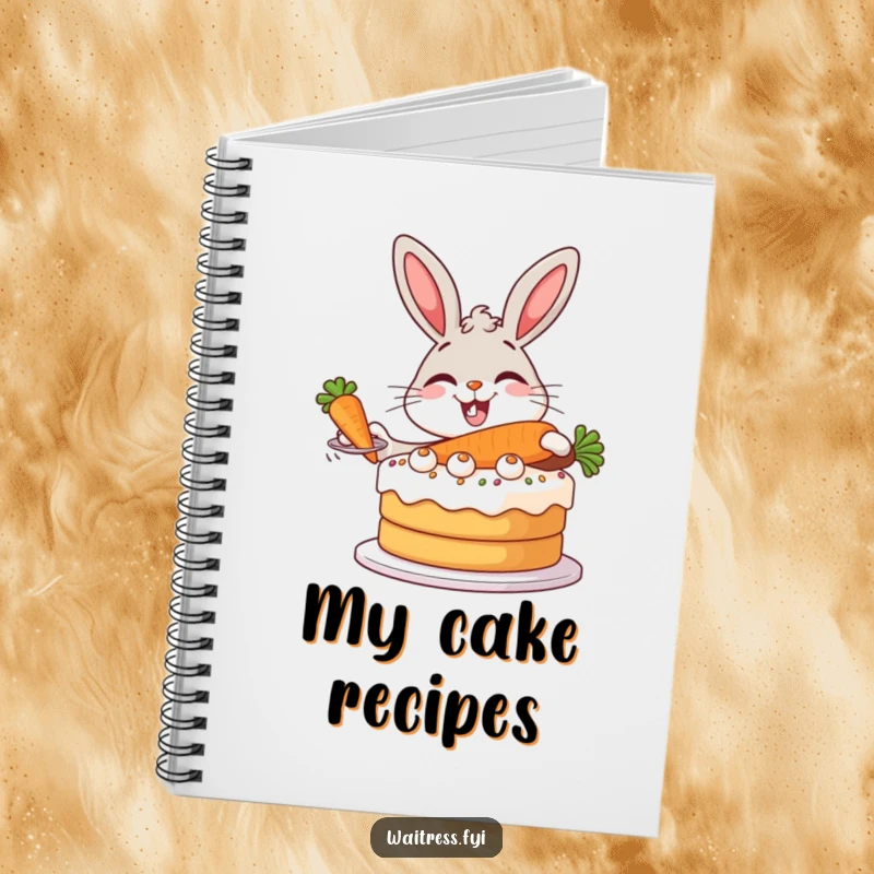Funny Bunny Baker Notebook featuring a giggling bunny presenting a giant carrot cake with a playful flourish.