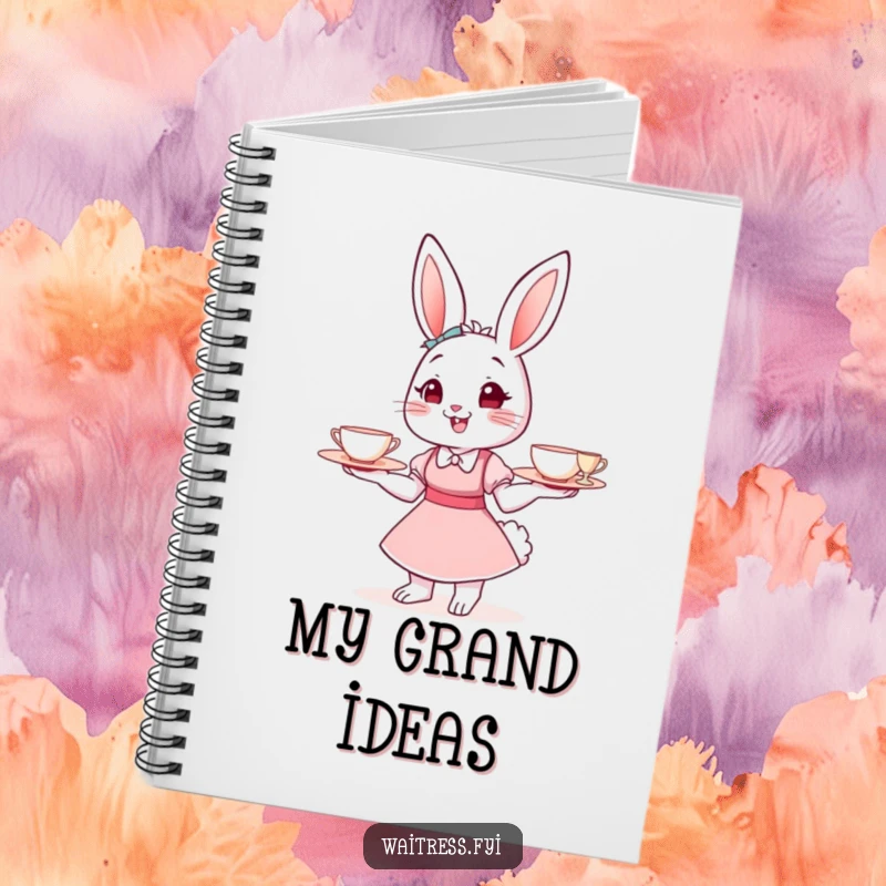 Funny Bunny Waitress Notebook with a cute bunny holding teacups, great for journaling and as a funny gift.