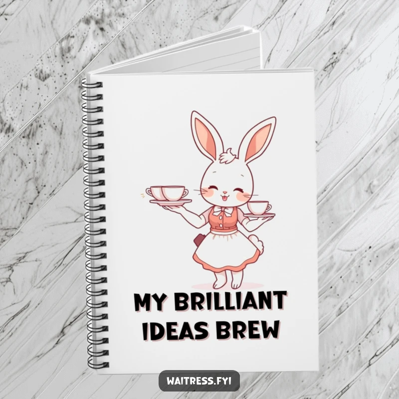 Funny bunny waitress notebook with a smiling bunny balancing a tea tray, perfect for journaling with cafe flair.