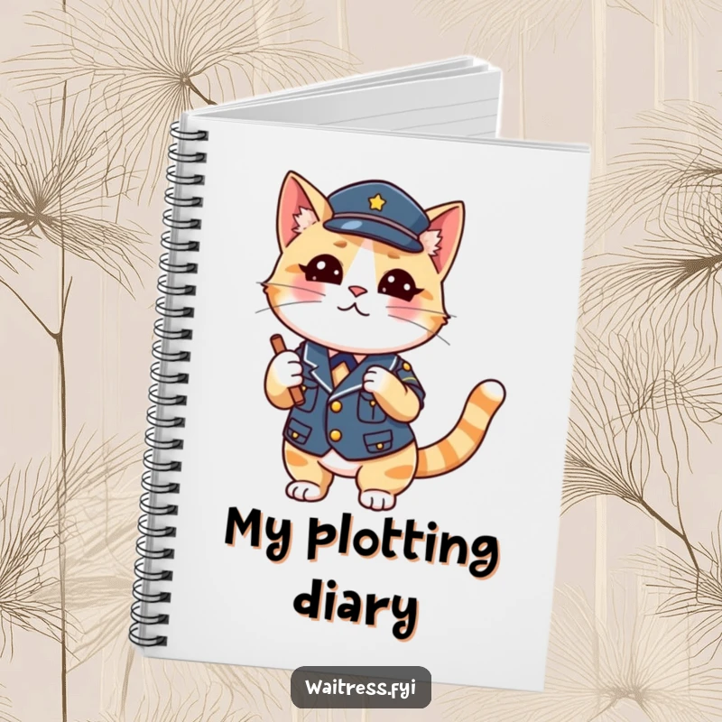 Funny Cat Waiter Notebook with a playful cat in uniform winking, great for notes and as a funny gift.