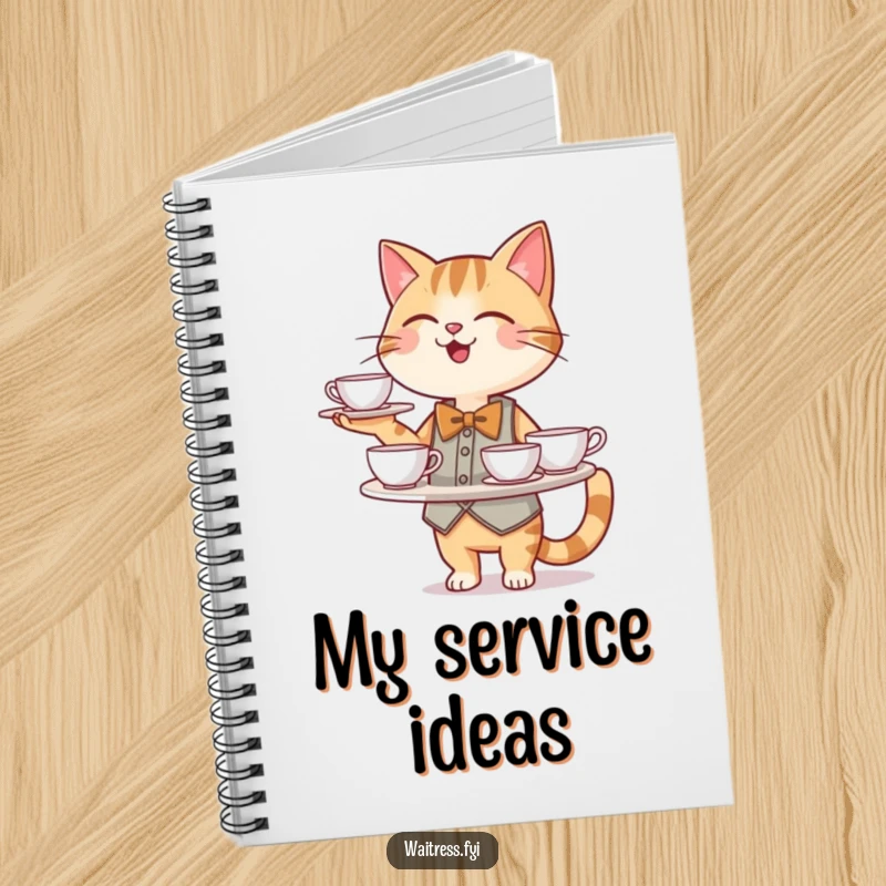 Funny Cat Waiter Notebook: A happy cat waiter in a bowtie holds a tray of teacups, ready to take orders.