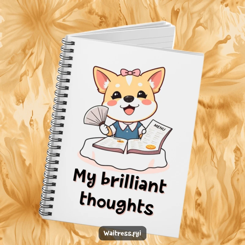 Funny dog waitress notebook with a bubbly dog fanning a menu, ideal for jotting down notes with a humorous and energetic vibe.