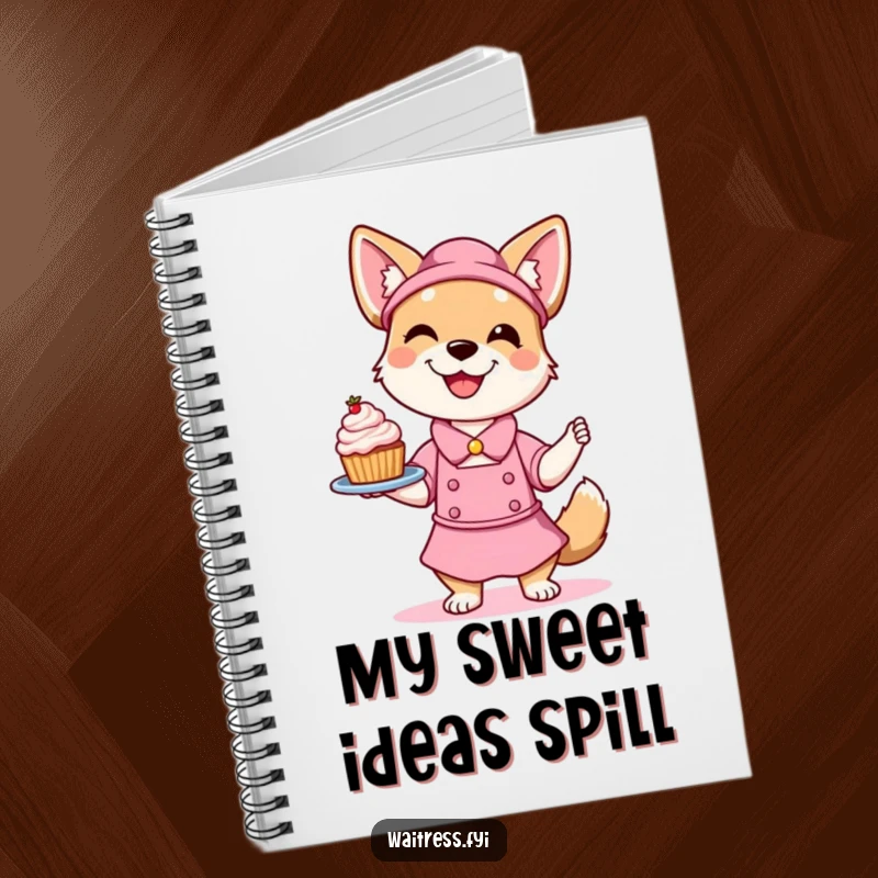 Funny Dog Waitress Notebook featuring a smiling dog playfully balancing a dessert, perfect for writing, journaling, and sketching sweet ideas.