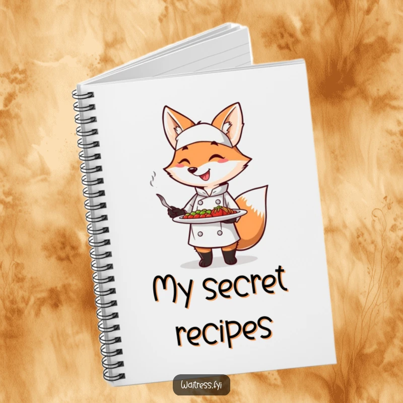 Funny Fox Chef Notebook with a smiling fox chef presenting a dish, great for recipes and as a funny gift.