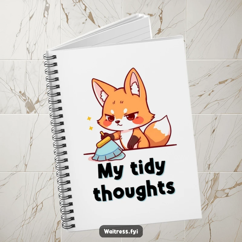 Funny playful fox character wiping a table with a determined expression on a notebook cover, perfect for planning and list-making.