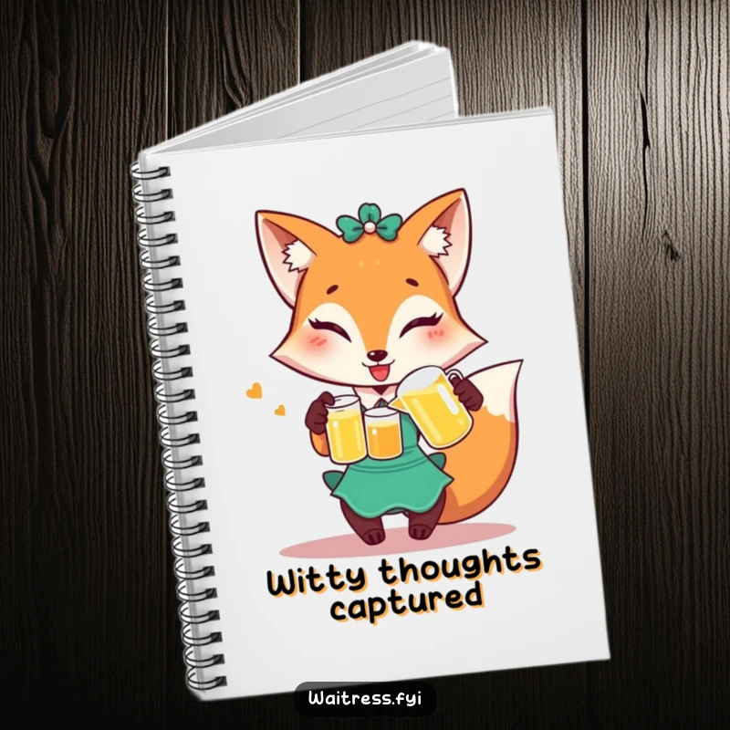 Funny Fox Waitress Notebook: Winking fox pouring juice, ideal for notes and humorous journaling.
