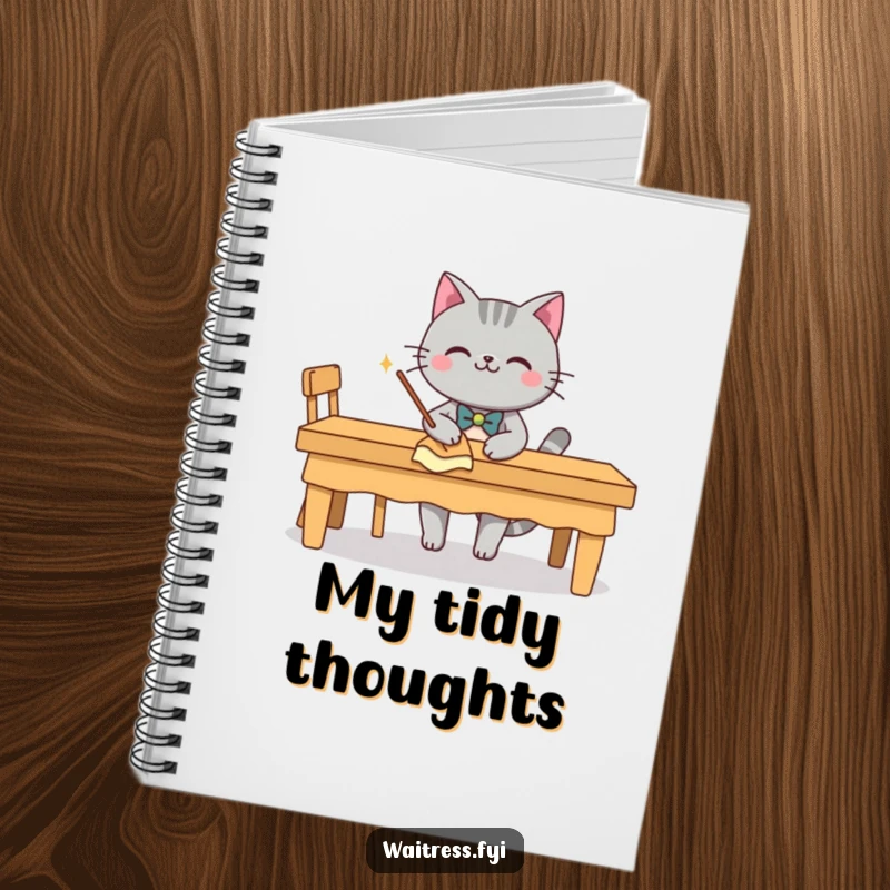 Funny grey cat character with a bow tie, smiling and wiping a table, on a notebook, a funny stationery gift.