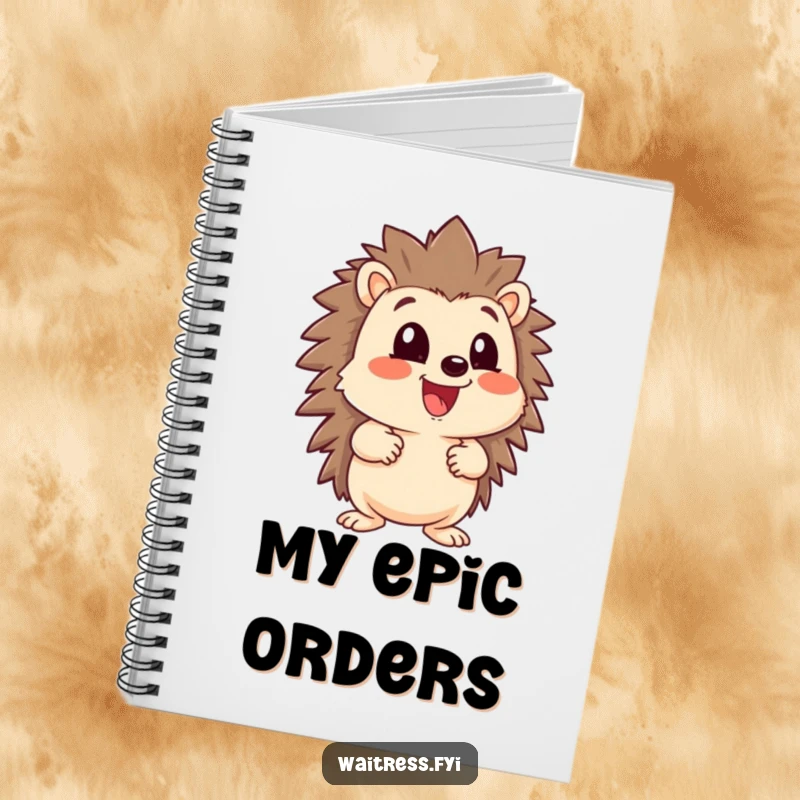 Funny happy hedgehog character with a large menu, looking eager, on a notebook cover, perfect for writing recipes.