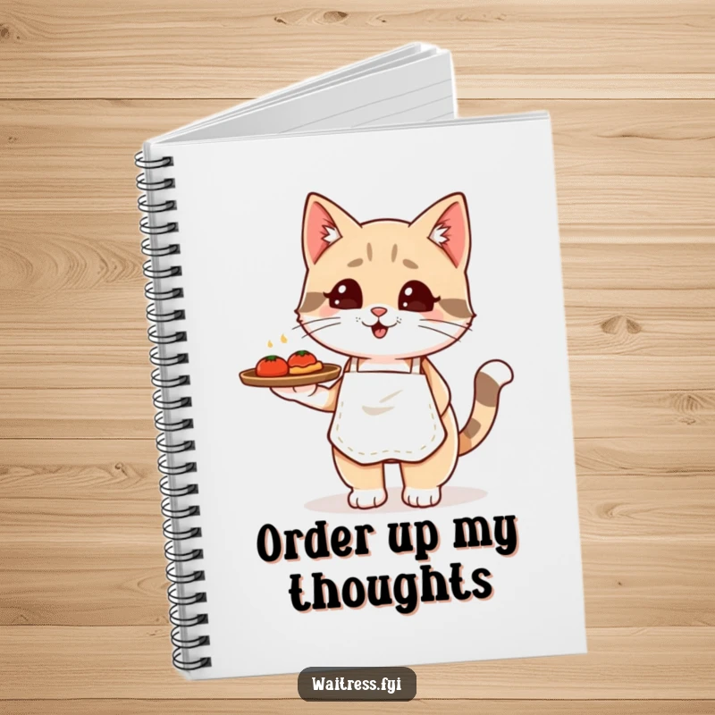 Funny Kawaii cat waiter notebook with a cute cat in an apron holding a food tray, ideal for jotting notes.