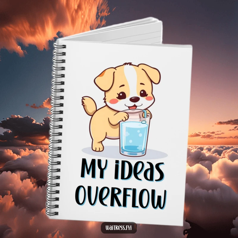 Funny Kawaii Dog Notebook: A cute dog eagerly refilling a glass, inspiring helpful notes and organized thoughts.