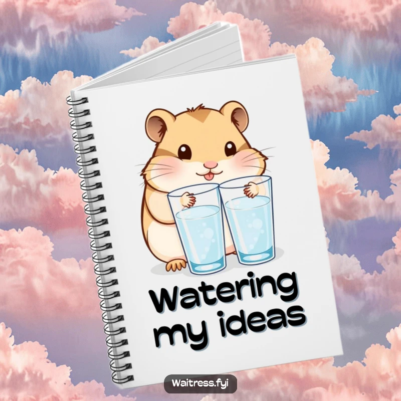 Funny notebook with a content Kawaii hamster refilling water glasses, ideal for jotting down notes with a theme of care.