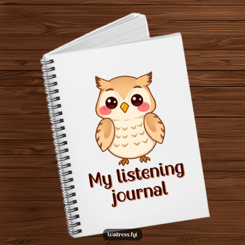 Funny Owl Listener Notebook featuring a cheerful owl character attentively listening with a knowing smile, ideal for capturing deep thoughts.