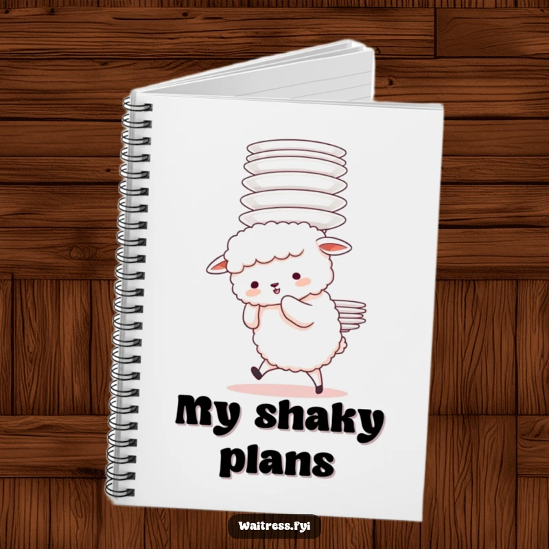 Funny Sheep Plate Struggle Notebook featuring a fluffy sheep character adorably struggling to carry a tall stack of plates, ideal for note-takers.