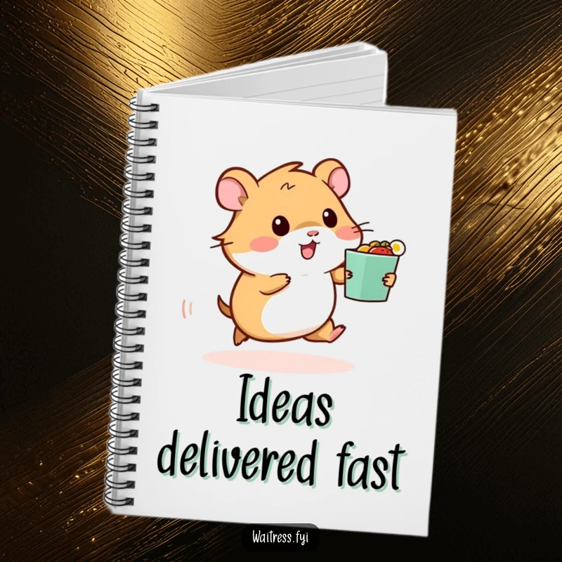 Funny notebook cover with a hamster rushing with a food order, inspiring note-taking and culinary ideas with humor.