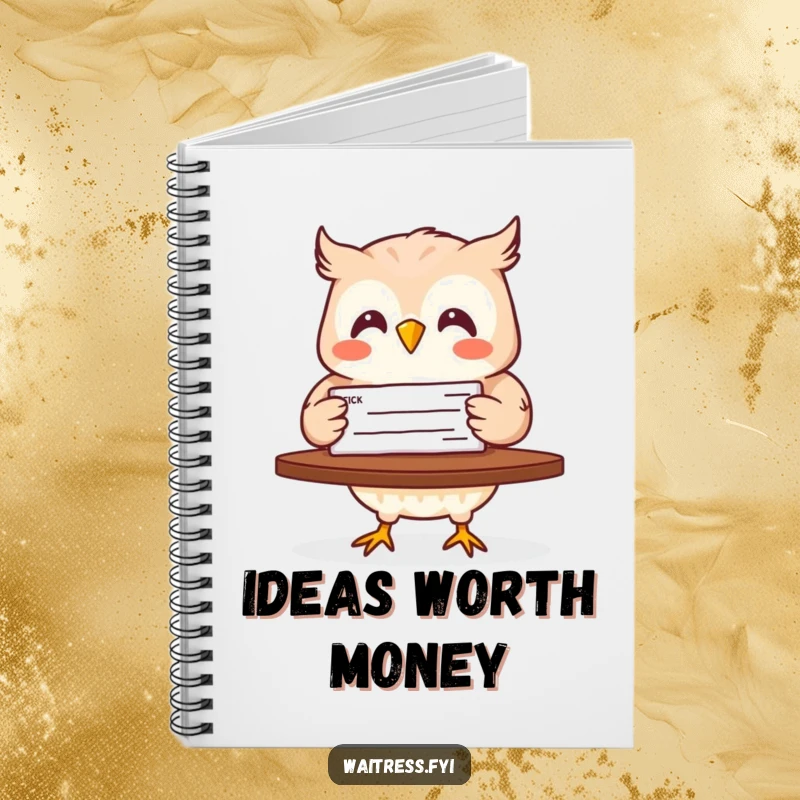 Funny notebook cover with a delighted owl carrying a check, inspiring financial planning and note-taking with humor.