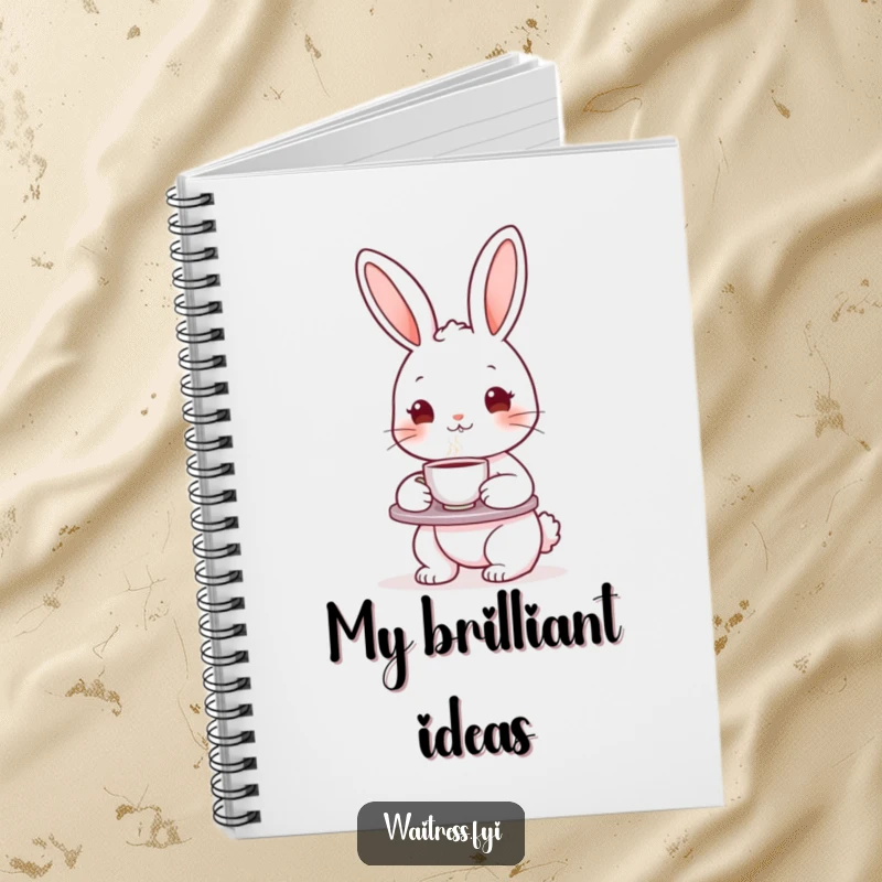 Funny bunny character with a tea tray and teacup on a notebook cover, designed for writing, drawing, and organizing thoughts.