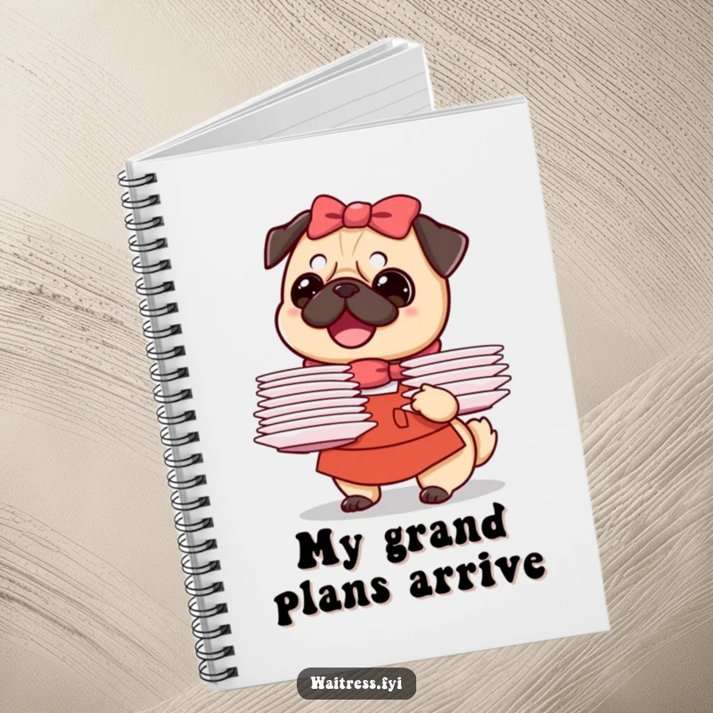 Funny Pug Waitress Notebook featuring a beaming pug waitress artistically balancing a stack of plates, perfect for writing and drawing.