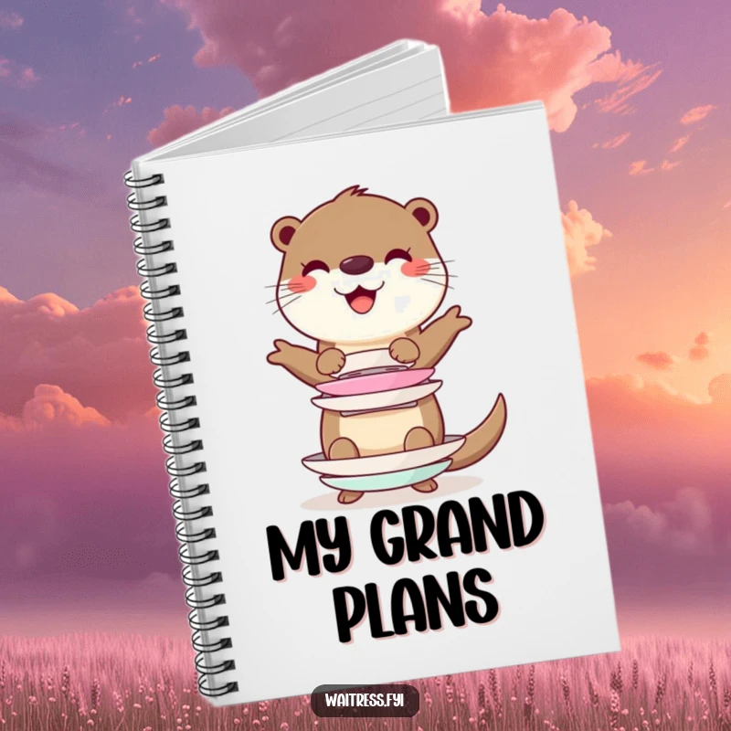 Funny cheerful otter character balancing a stack of imaginary plates on a notebook cover, perfect for planning and note-taking.