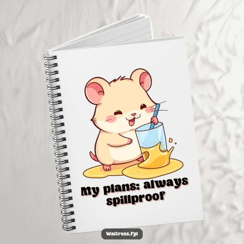 Funny Kawaii Hamster Notebook: A kawaii hamster efficiently wipes a spilled drink, symbolizing quick thinking and note-taking.