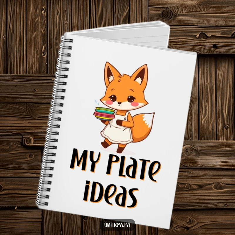 Funny orange fox character with an apron, happily carrying plates, on a notebook, a funny stationery gift.