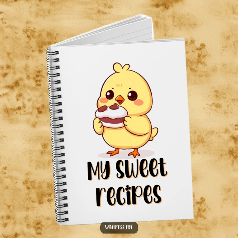 Funny determined chick character presenting a small, wobbly dessert on a notebook cover, perfect for writing recipes and baking notes.