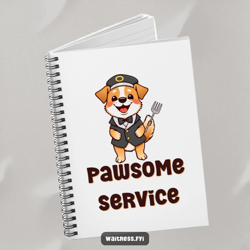 Funny dog waiter notebook with a happy dog dressed as a waiter, tail wagging with excitement.