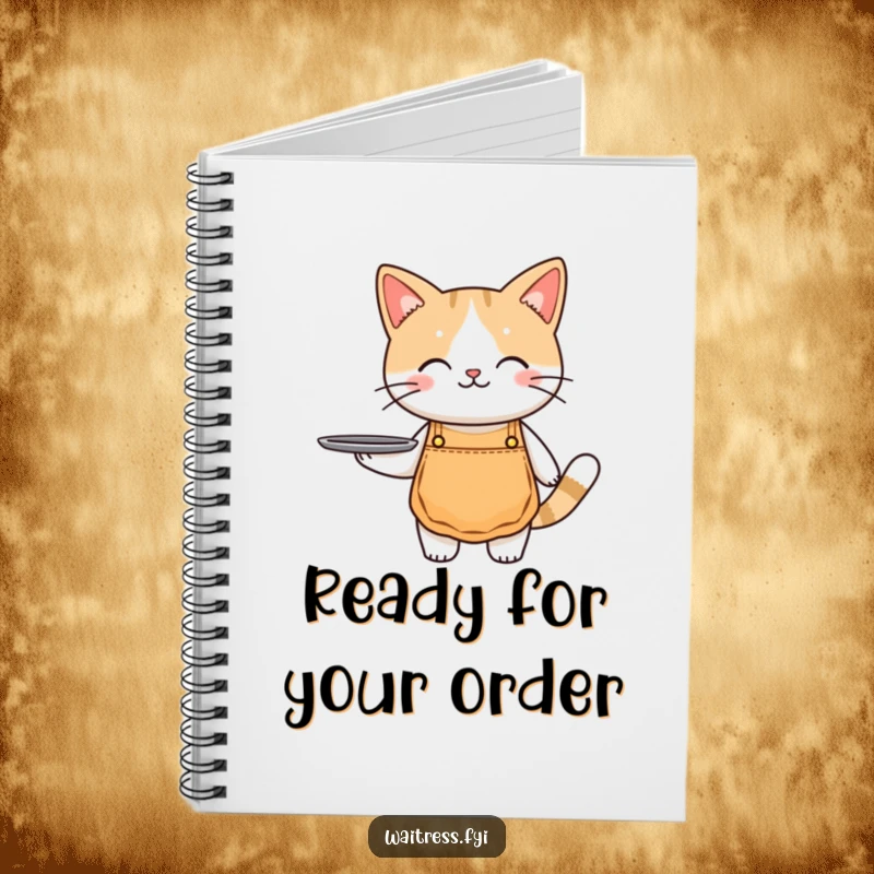 Funny cat waiter notebook with a cute cat wearing an apron and holding a tray, ideal for notes.
