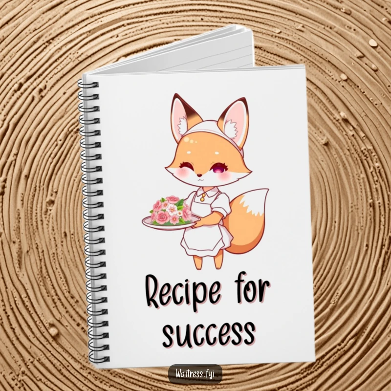 Funny fox waitress notebook featuring a cute fox presenting a flower-decorated dish, perfect for journaling and as a humorous funny gift.