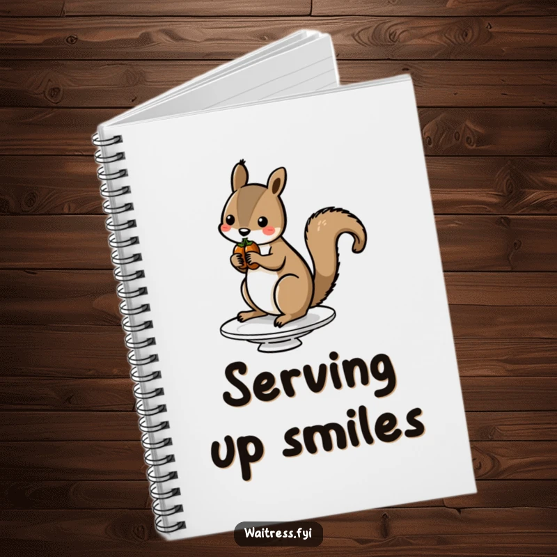 Funny Squirrel Nut Notebook featuring a squirrel balancing nuts on a dish, great for recording ideas with a touch of humor.