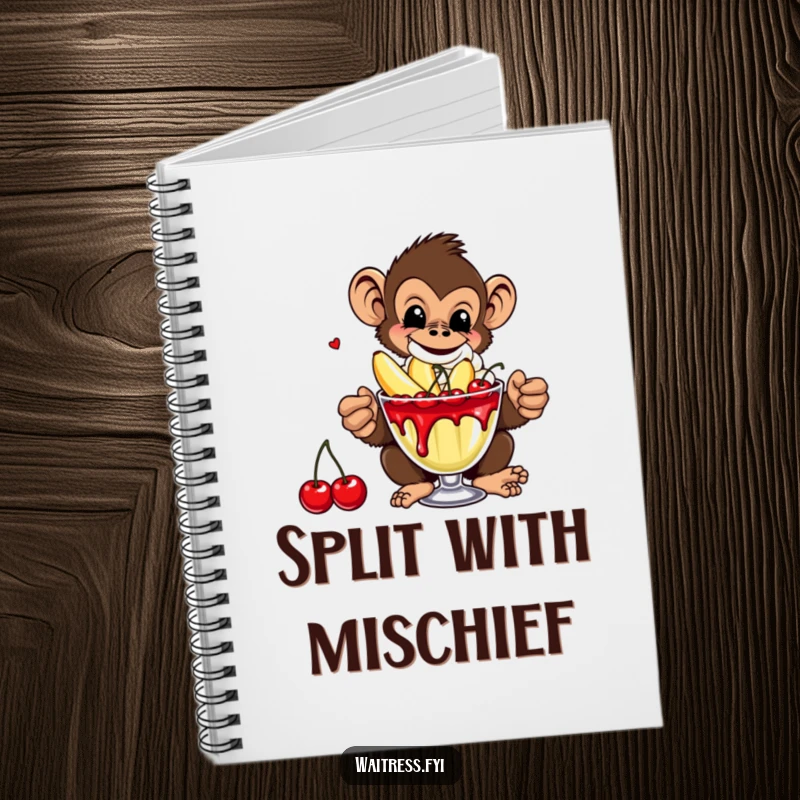 Funny Monkey Banana Notebook featuring a mischievous monkey serving a banana split, great for recording ideas with a touch of humor.