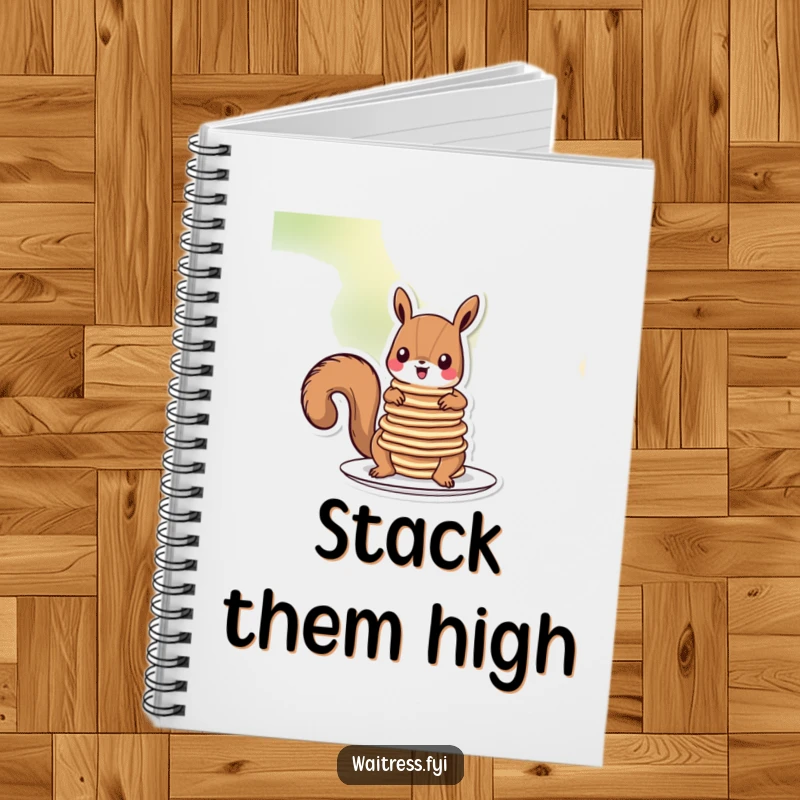 Funny squirrel pancakes notebook with a cartoon squirrel carefully balancing a stack of pancakes on its tail, looking determined.