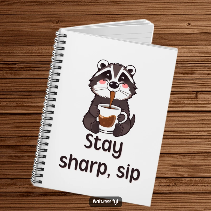 Funny badger coffee notebook with a cartoon badger holding a coffee pot, ready to pour coffee into a notebook.