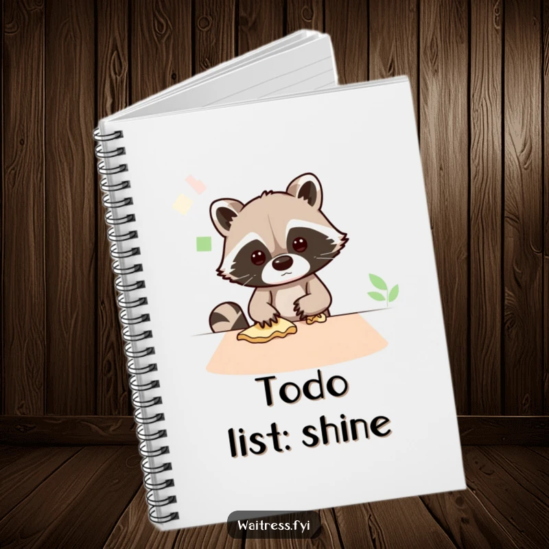 Funny notebook with a busy Kawaii raccoon wiping a table, ideal for organizing thoughts and tasks with a cleaning theme.