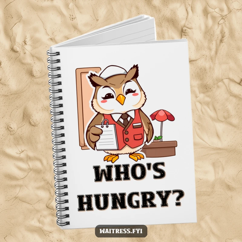 Funny owl server notebook featuring a smiling owl in a restaurant vest with a notepad.