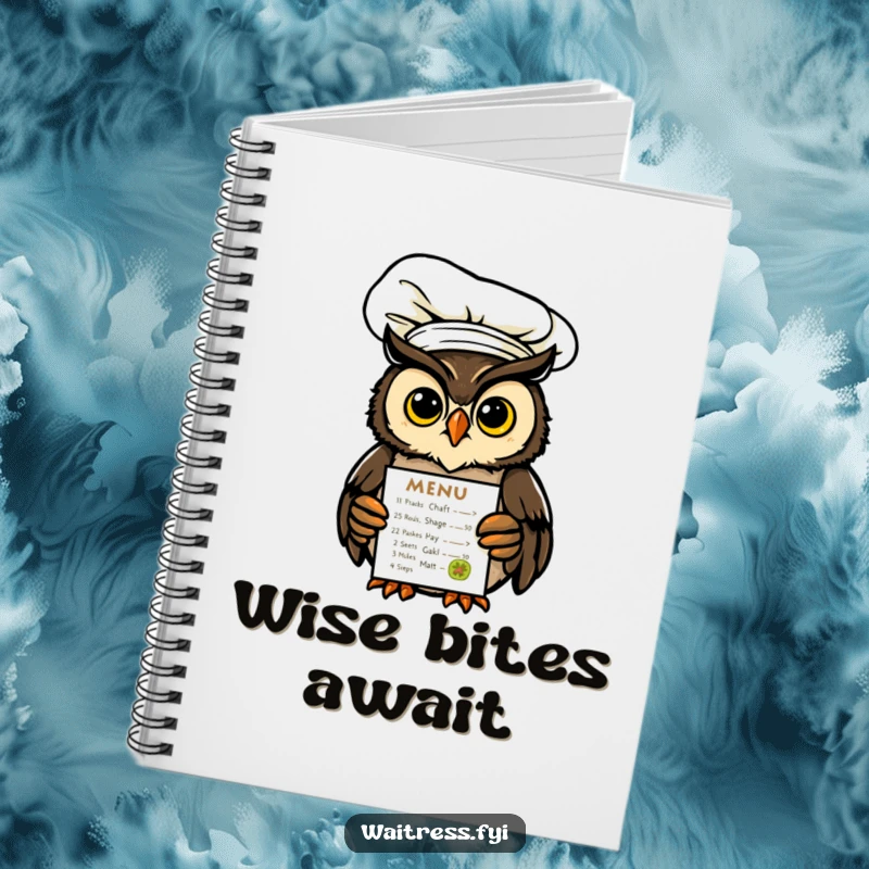 Funny Owl Chef Notebook featuring an owl in a chef's hat offering a glowing menu, perfect for jotting down notes with flair.