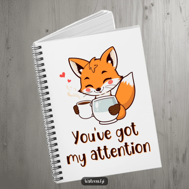 Funny fox waiter notebook with a smiling fox in uniform serving coffee with a flourish and a wink.