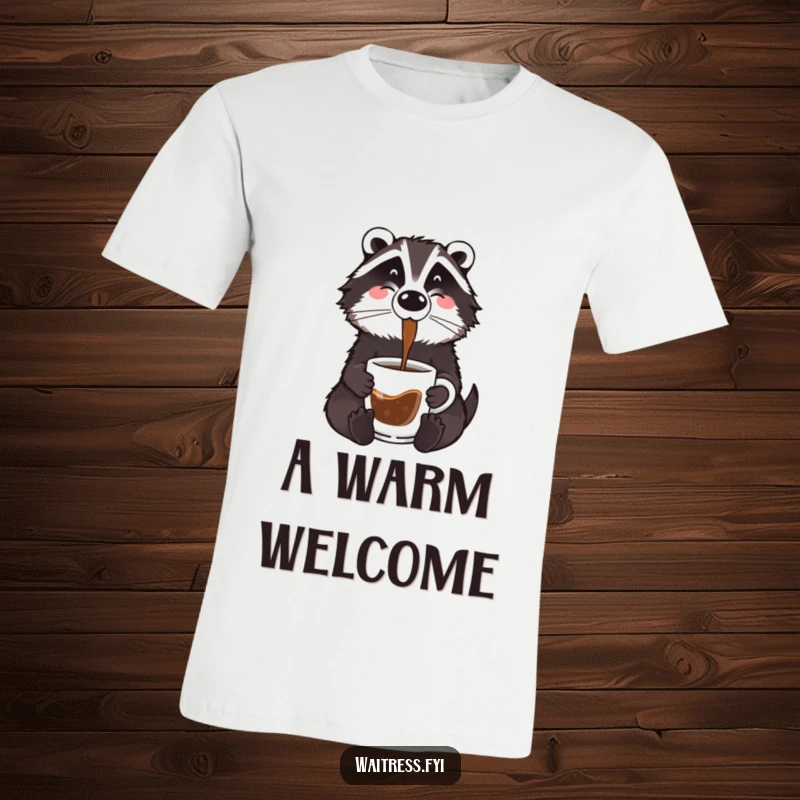 Funny badger coffee t-shirt depicting a friendly cartoon badger wearing a barista apron, pouring coffee into a mug with a happy expression.