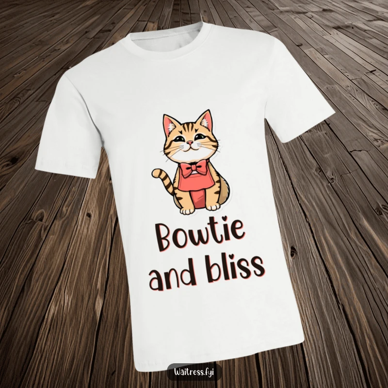 Funny cat waiter t-shirt featuring a cat in a bowtie and apron, ready to serve.
