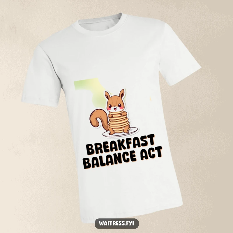 Funny squirrel pancakes t-shirt depicting a silly cartoon squirrel holding a plate with a wobbling stack of pancakes and a fork.