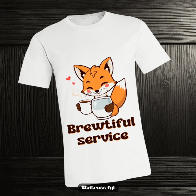 Funny fox waiter t-shirt showing a smiling fox in a uniform, serving coffee with a flourish and wink.