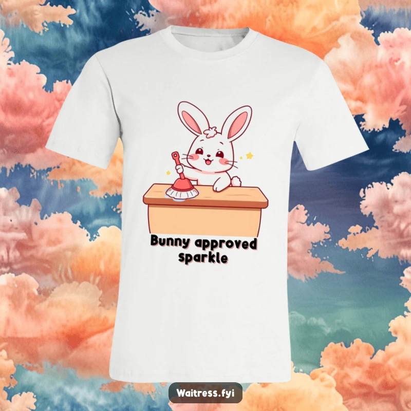 Funny Kawaii Bunny T-Shirt: A cute and happy cartoon bunny energetically wiping down a table, showcasing a cheerful and clean aesthetic.