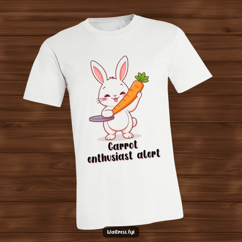 Funny Rabbit Server T-Shirt: Cheerful rabbit in outfit holding a single carrot, cute and humorous apparel.