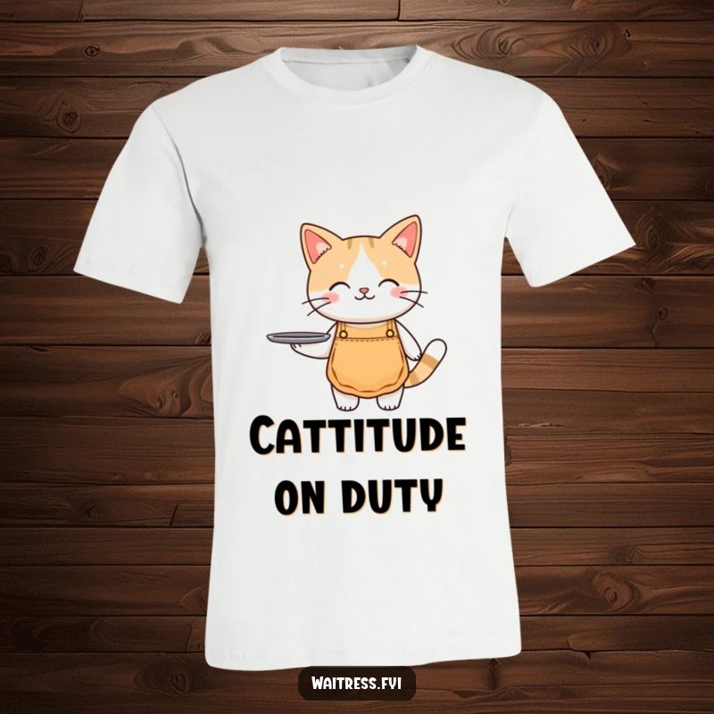 Funny cat waiter t-shirt showing a cute cat wearing a tiny apron and holding a serving tray with a smile.