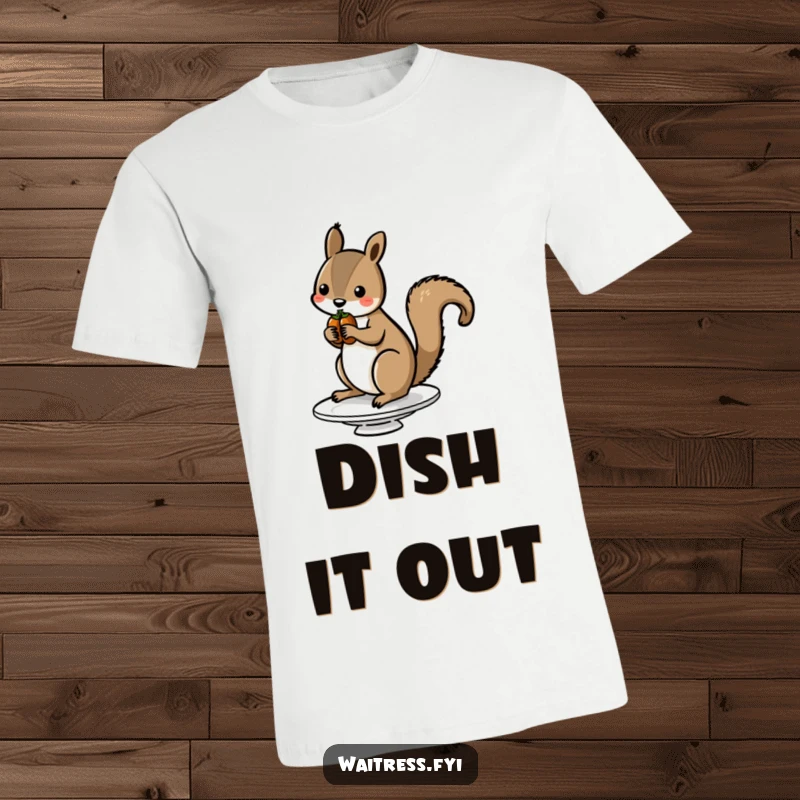 Funny Squirrel Nut T-Shirt depicting a playful squirrel balancing nuts on a serving dish, celebrating quirky woodland charm.