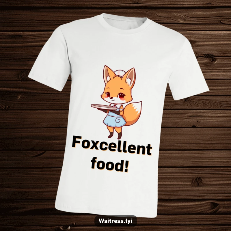 Funny fox waiter t-shirt featuring a cute fox in diner attire holding a tray, ready to serve.