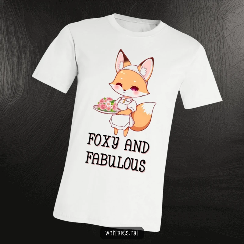 Funny fox waitress t-shirt with a cute fox gracefully presenting a flower-decorated dish, a humorous and elegant funny gift.