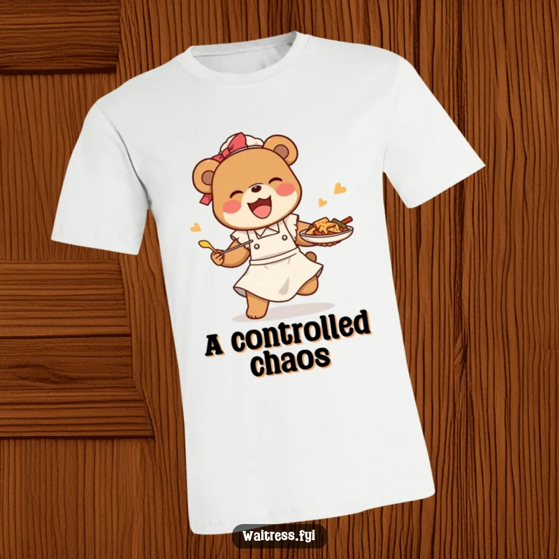 Funny bear waitress t-shirt depicting a happy bear comically tripping while expertly saving a tray of food, a humorous feat.