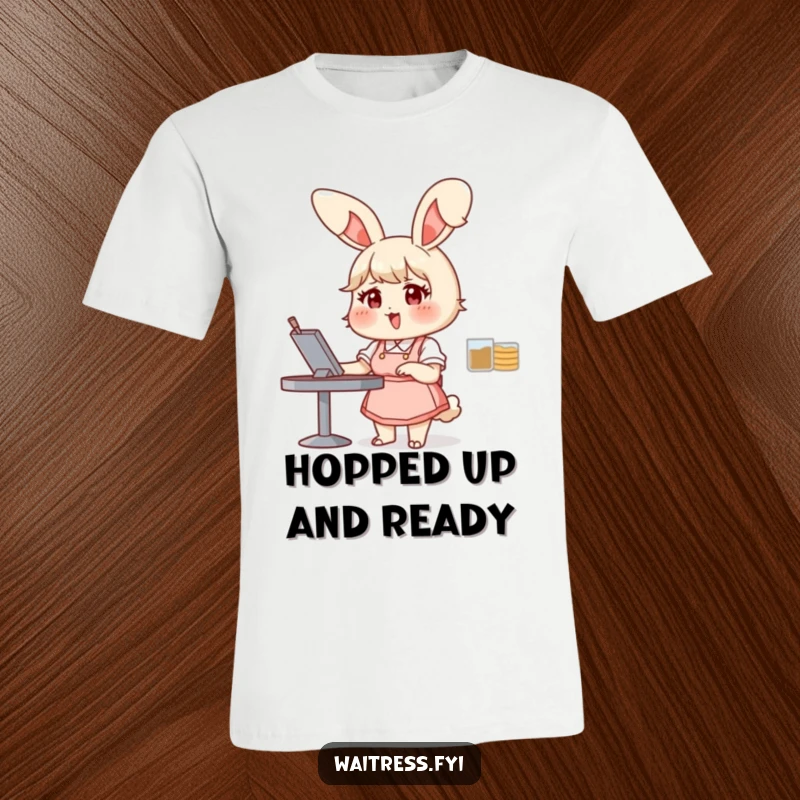 Funny bunny waitress t-shirt with a chubby bunny taking an order with great glee, a humorous and cheerful funny gift.