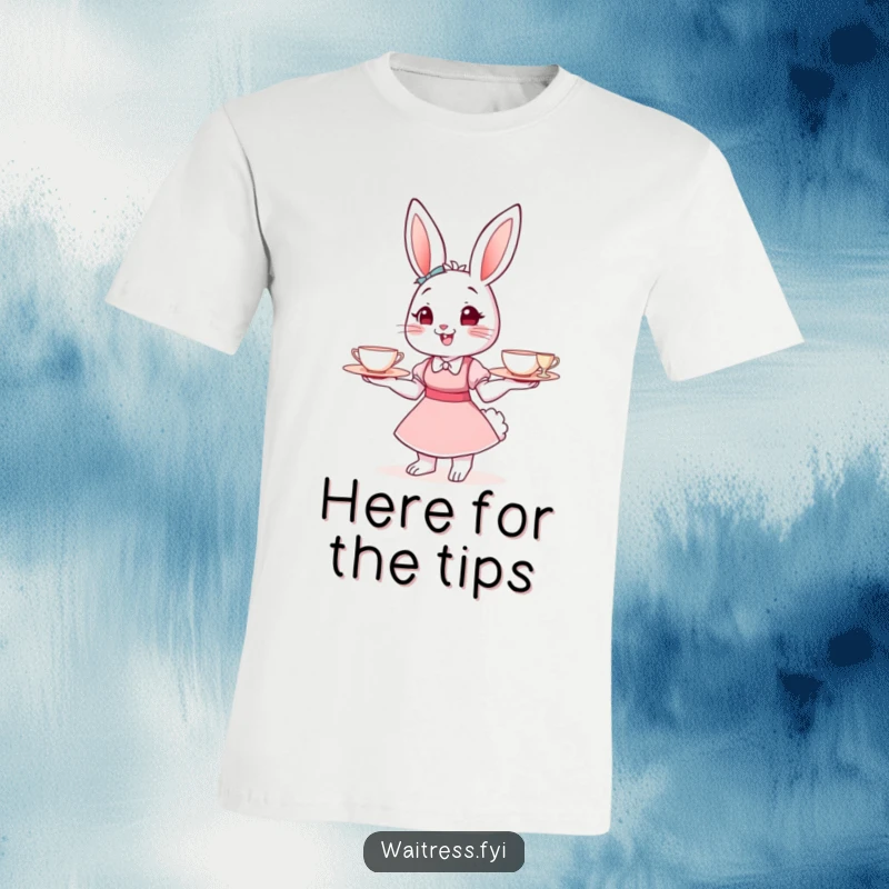 Funny Bunny Waitress T-Shirt featuring a cheerful cartoon bunny in a cafe uniform, balancing a tray of tiny teacups, a fun gift.